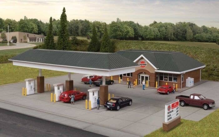 Modern Gas Station -- Kit - Main Building: 10-7/16 x 6-1/2 x 3-1/8′ 26.5 x 16.5 x 7.9cm, HO, Walthers Cornerstone 3537