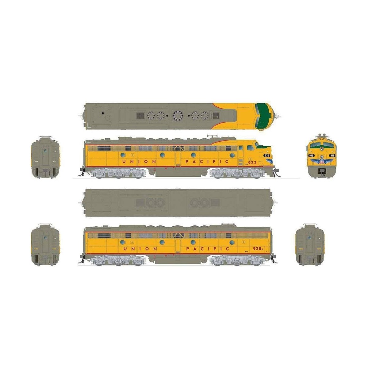 EMD E8 A-B Set - Standard DC -- Union Pacific 938, 930B (Armour Yellow, gray, red, Nose Wings), HO, Rapido Trains Inc 28040