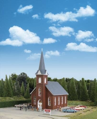 Brick Church -- Kit - 8-1/16 x 4-9/16 x 10-3/4′ 20.4 x 11.5 x 27.2cm, HO, Walthers Cornerstone 3496