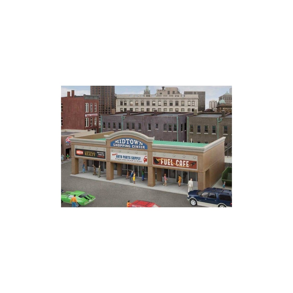 Modern Shopping Center II -- Kit - 10-1/2 x 4-15/16 x 3-1/2′ 26.6 x 12.5 x 8.8cm, HO, Walthers Cornerstone 4116