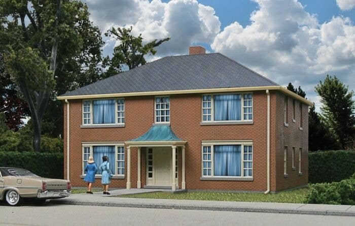 Four-Unit Brick Apartment Building -- Kit - 5-3/4 x 5-13/16 x 3-5/8′ 14.6 x 14.7 x 9.2cm, HO, Walthers Cornerstone 3781