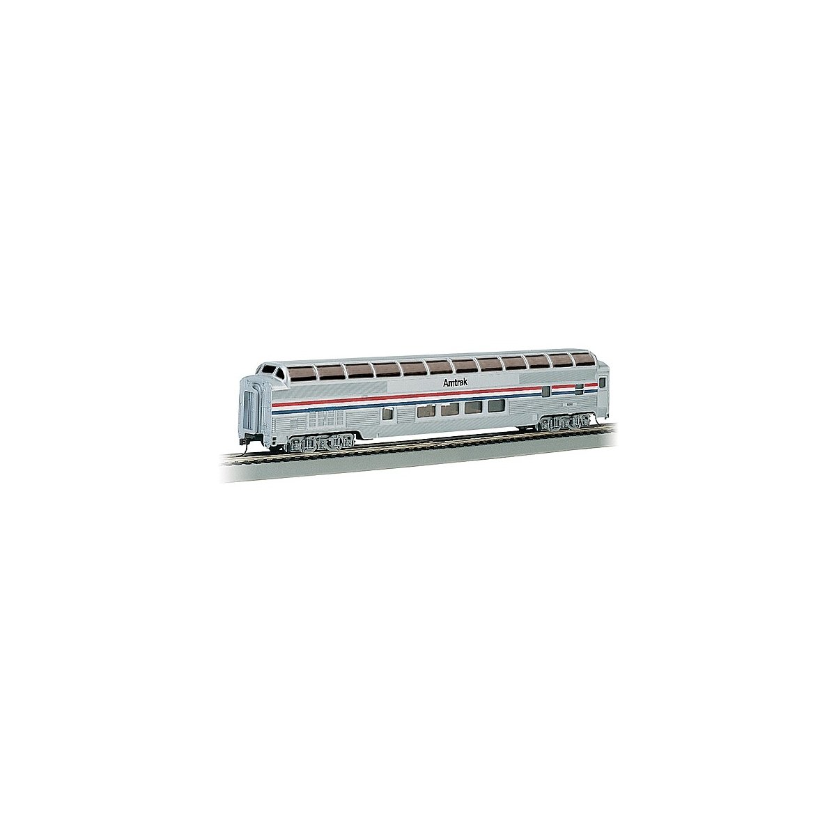 Budd 85′ Full-Length Dome w/Lights - Ready to Run - Silver Series(R) -- Amtrak (Phase III, Equal red & blue Stripes), HO, Bach