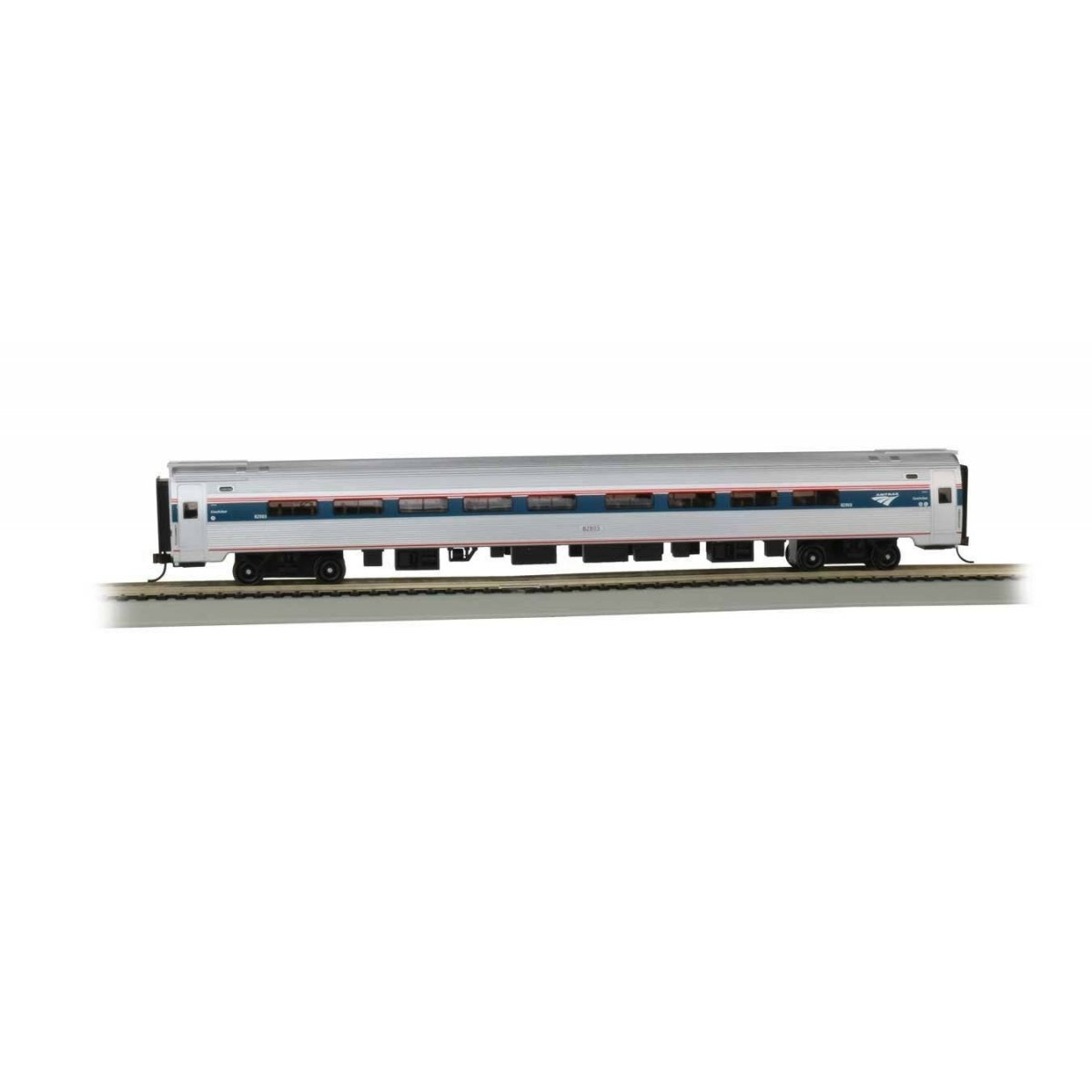 Amfleet 85′ Coach - Ready to Run - Silver Series(R) -- Amtrak 82803 (Phase VI Coachclass, silver, blue, red), HO, Bachmann Ind