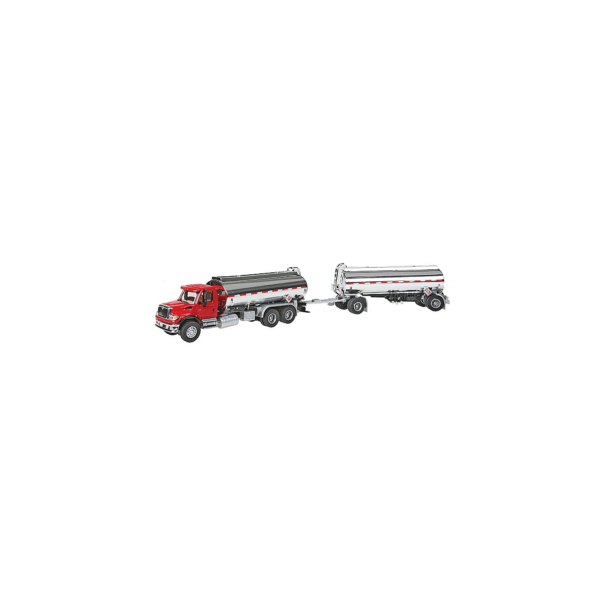 International(R) 7600 Tank Truck with Trailer- Assembled -- Red Cab, Chrome Tanks, HO, Walthers SceneMaster 11670
