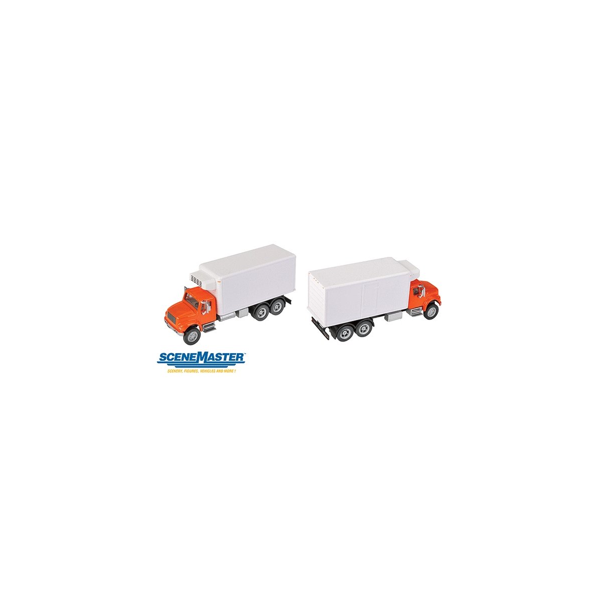 International(R) 4900 Dual-Axle Refrigerated Van - Assembled -- Orange Cab, White Body, HO, Walthers SceneMaster 11393
