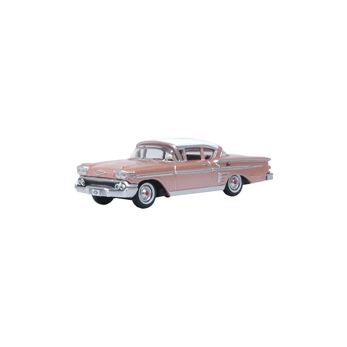 1958 Chevrolet Impala Sport Coupe - Assembled -- Metallic Cay Coral, Snowcrest White, HO, Oxford Diecast 87CIS58001