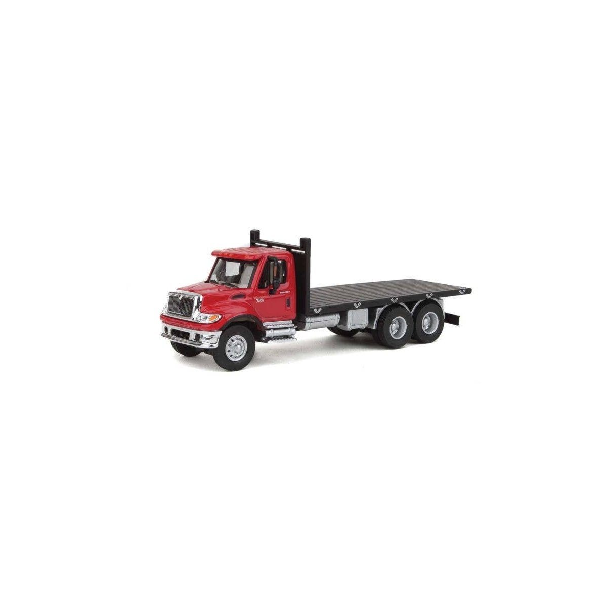 International(R) 7600 3-Axle Flatbed Truck - Assembled -- Red Cab, Black Flatbed, HO, Walthers SceneMaster 11652