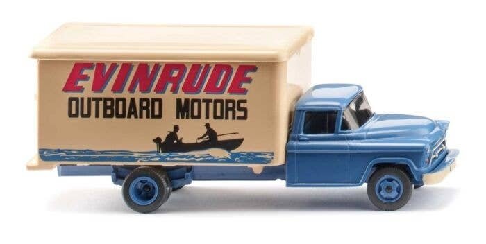 1955-1956 Chevrolet Box Truck - Assembled -- Evinrude (blue, beige, red), HO, Wiking 44402
