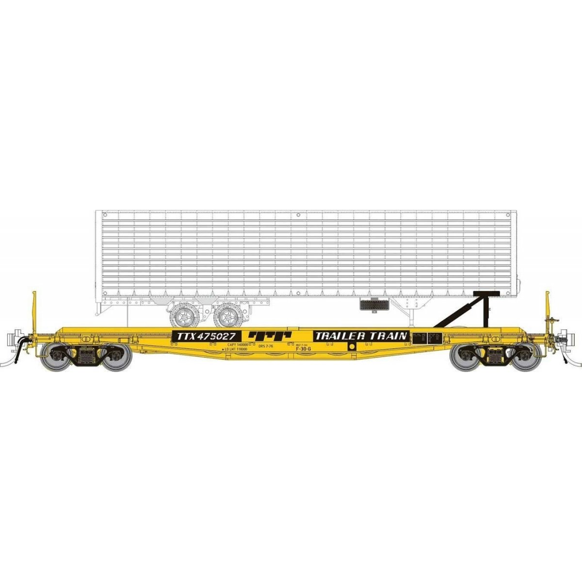 Class F30D 50′ TOFC Flatcar w/Random Trailer 6-Pack - Ready to Run -- Trailer-Train TTX (yellow, black), HO, Rapido Trains Inc