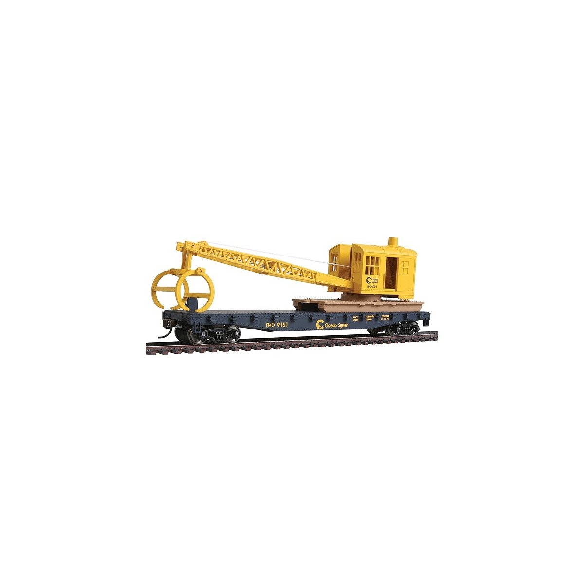 Flatcar with Logging Crane - Ready to Run -- Chessie System B&O (blue, yellow), HO, WalthersTrainline 1782