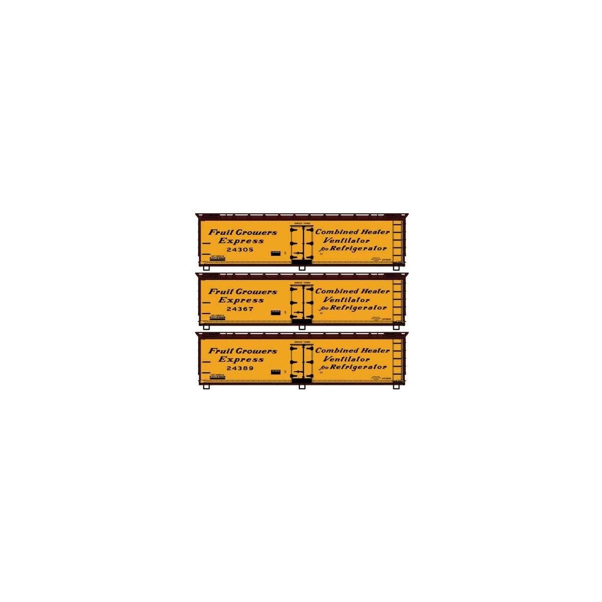 Early 40′ Wood Reefer 3-Pack - Kit -- Fruit Growers Express 24305, 24367, 24389 (Early, yellow, Boxcar Red), HO, Accurail Inc 