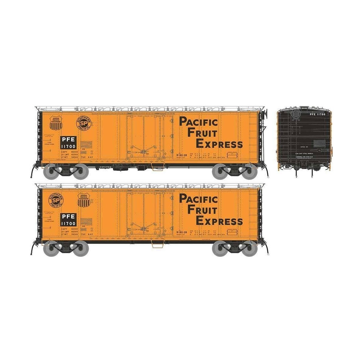 Class R-40-27 Steel Reefer 6-Pack - Ready to Run -- Pacific Fruit Express Set 1 (1966 Scheme, orange, black, silver, Large Lett,