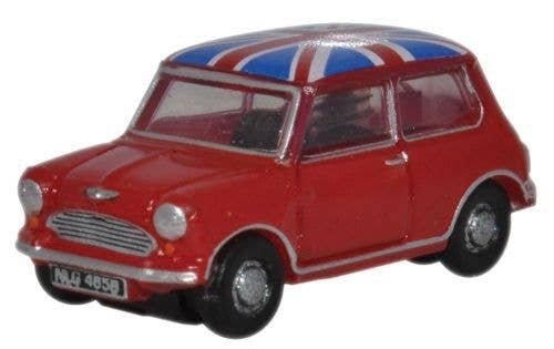 Austin Mini - Assembled -- Red w/Union Jack Roof, N, Oxford Diecast NMN001