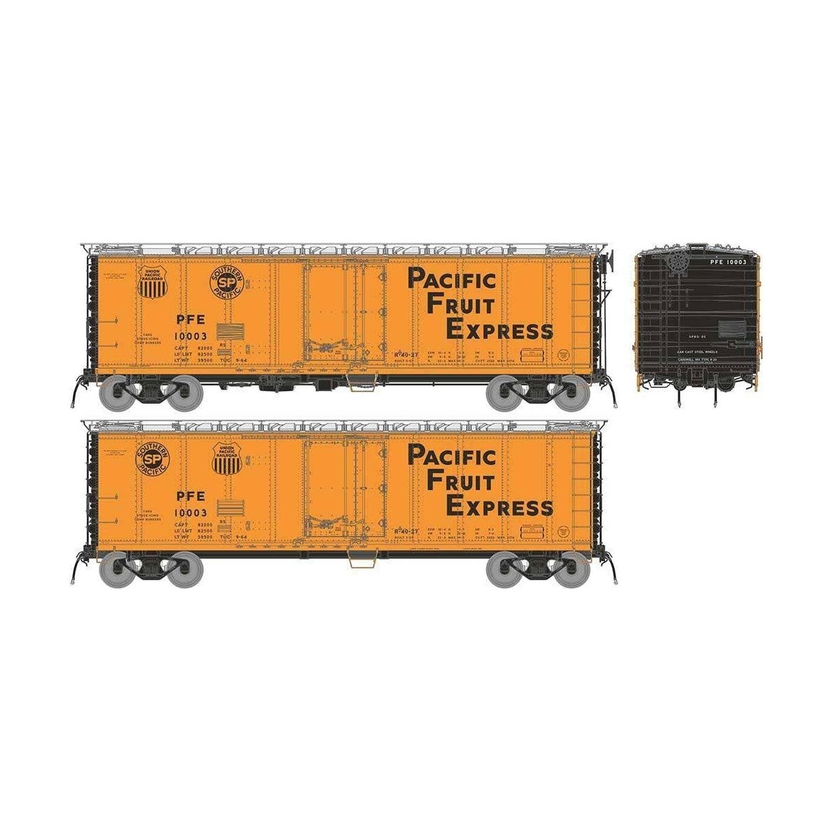Class R-40-27 Steel Reefer - Ready to Run -- Pacific Fruit Express Set 1 (1961 Scheme, orange, black, silver, Large Lett, HO, Ra