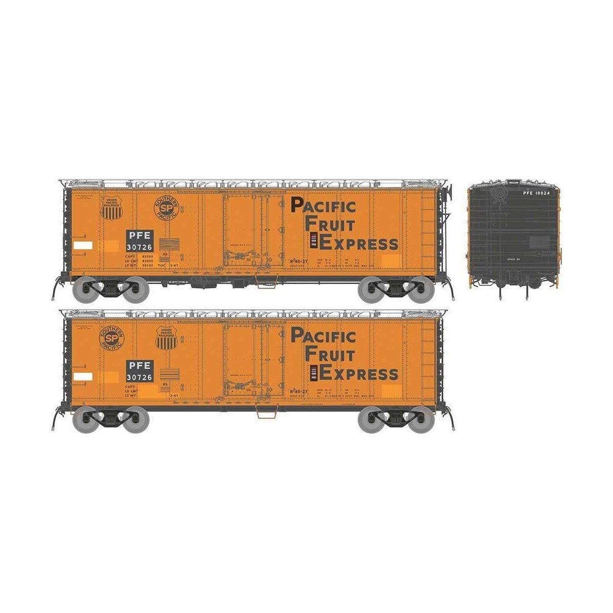 Class R-40-27 Steel Reefer - Ready to Run -- Pacific Fruit Express Set 1 (1970s Scheme, orange, black, silver, Large Let, HO, Ra