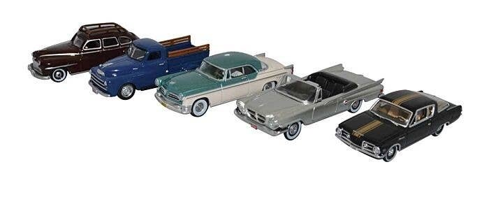 Chrysler Centenary 5-Vehicle Set - Assembled -- 1946 DeSoto, 1948 B-1B Pickup, 1955 New Yorker, HO, Oxford Diecast 87SET003