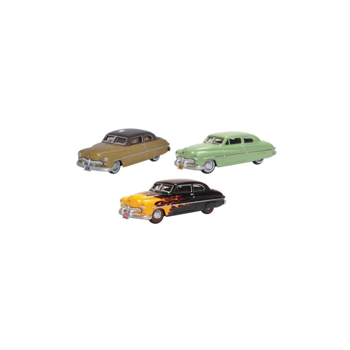 1949 Mercury 8 Coupe 3-Pack - Assembled -- 70th Anniversary Set (1 Each: green, beige, Black w, HO, Oxford Diecast 87SET002