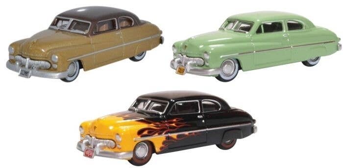 1949 Mercury 8 Coupe 3-Pack - Assembled -- 70th Anniversary Set (1 Each: green, beige, Black w, HO, Oxford Diecast 87SET002