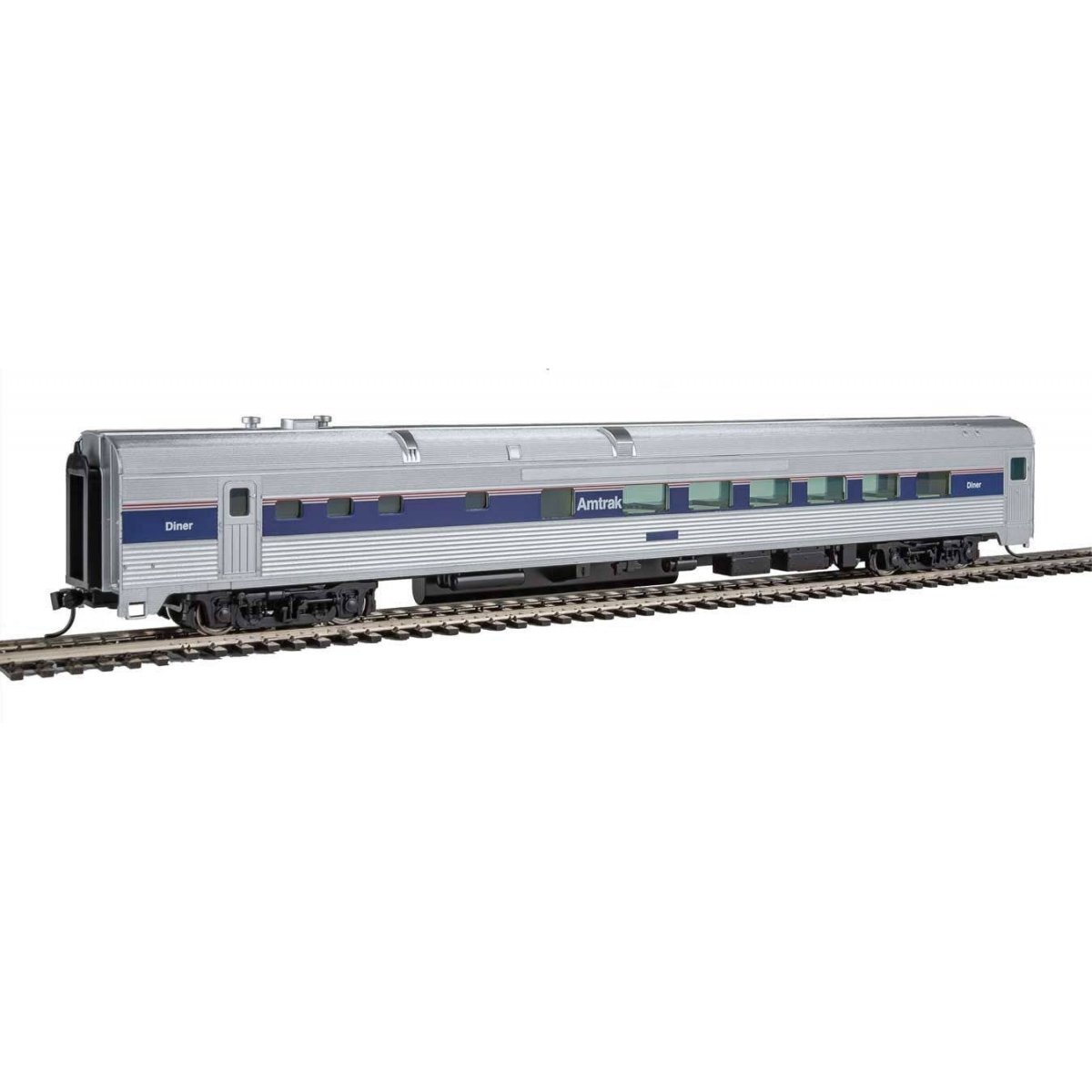 85′ Budd Diner - Ready to Run -- Amtrak(R) (Phase IV silver, Wide Blue, Thin Red & White Stripes), HO, WalthersMainline 30163