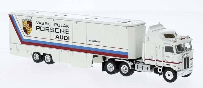 1980 Kenworth K100 Tractor with Racing Trailer - Assembled -- Vasek Polak (white, blue, red , HO, Brekina Automodelle 85738