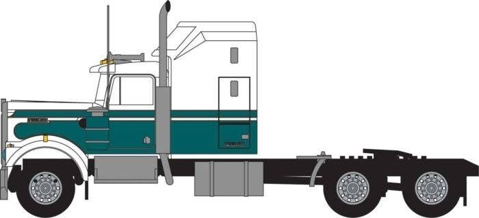 1970s Kenworth W900 Seminole Tractor w/60′ VIT Aerodyne Cab - Assembled -- White, Green, N, Trainworx Inc 49045