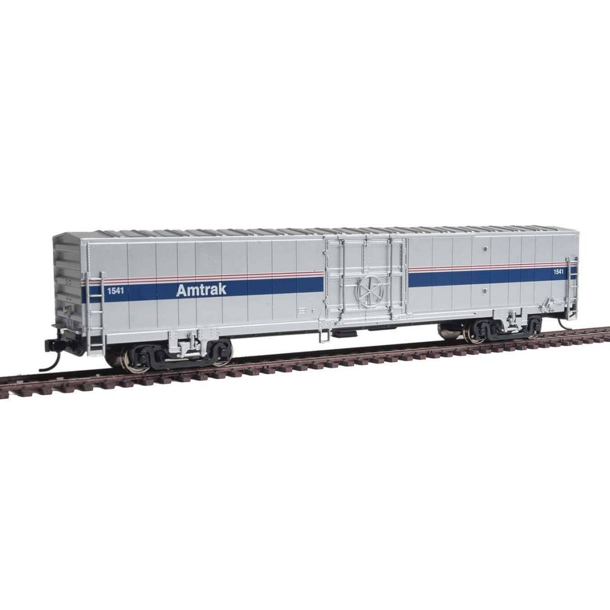 60′ Thrall Material Handling Car MHC-2 - Ready To Run -- Amtrak(R) 1541 (Phase IV silver, Wide Blue, Thin Red, White Stripes),