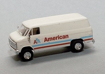 Chevrolet Cargo Vans -- American Air Lines (white, Red Lettering & Stripe, Blue Stripe), HO, Trident Miniatures 90345
