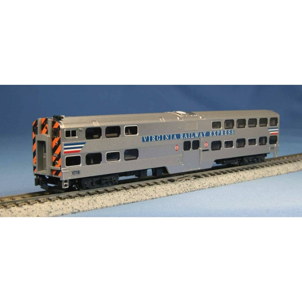 Nippon-Sharyo Gallery Bi-Level Commuter Cab Coach, DCC Lighting - Ready to R -- Virginia Railway Express V716 (silver, blue, red