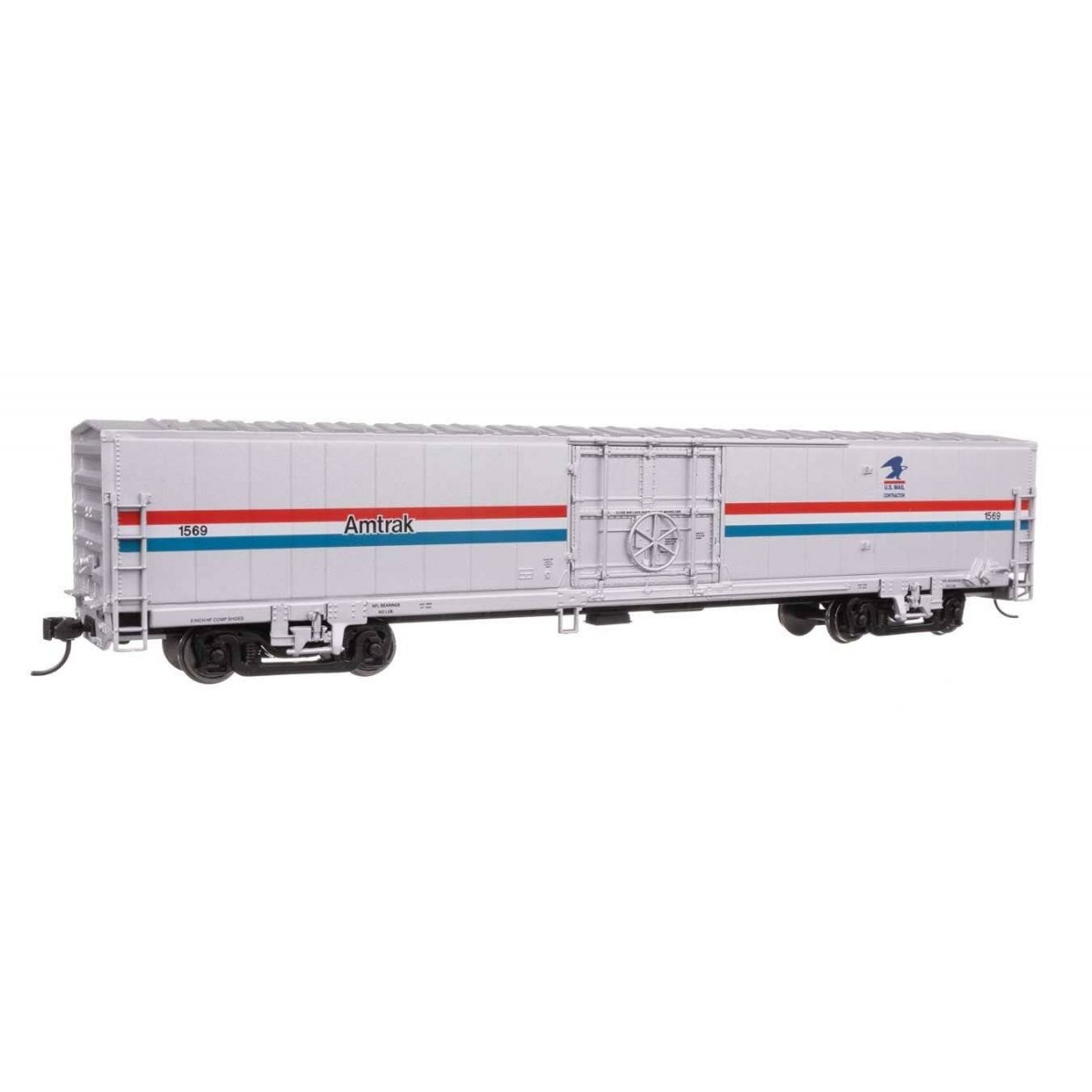 60′ Thrall Material Handling Car MHC-2 - Ready To Run -- Amtrak Phase III w/US Mail Logo 1569, HO, WalthersMainline 31105