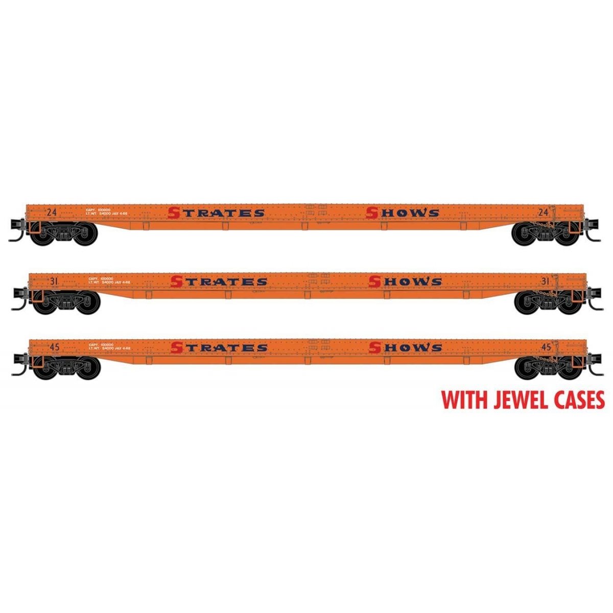 70′ Warren Circus Flatcar 3-Pack - Ready-to-Run -- Strates Shows 24, 31, 45 (Duke Ash Era Scheme, orange, blue, red), N, Micro