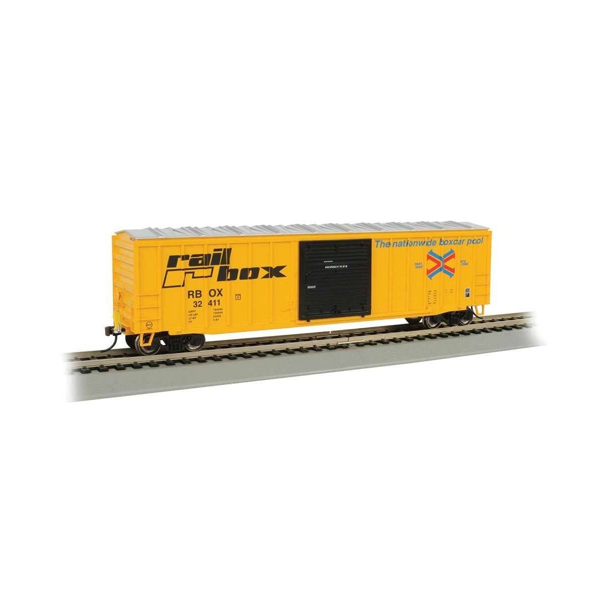 ACF 50`6` Outside-Braced Boxcar - Flashing Rear End Device - Ready to Run -- Railbox 32271 (yellow, black Large Logo), HO, Bachm