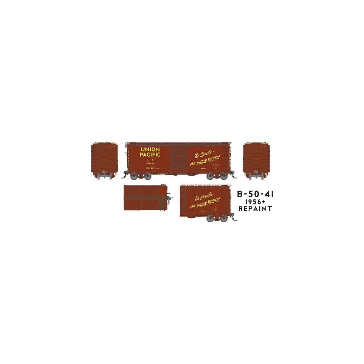 UP Class B-50-41 40′ Boxcar 6-Pack - Ready to Run -- Union Pacific (1956 Repaint, Boxcar Red, Be Specific Slogan), HO, Rapido 