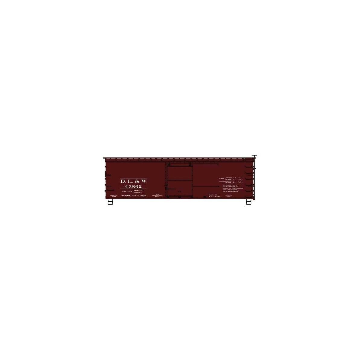 36′ Double-Sheathed Wood Boxcar w/Steel Roof, Ends, Straight Underframe - Ki -- Delaware, Lackawanna & western 43862 (Boxcar R
