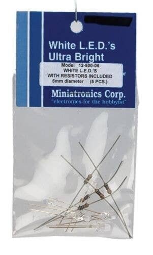 Standard Light Emiting Diodes (LEDs) 5mm Diameter -- White pkg(5), All Scales, Miniatronics Corp. 1250005
