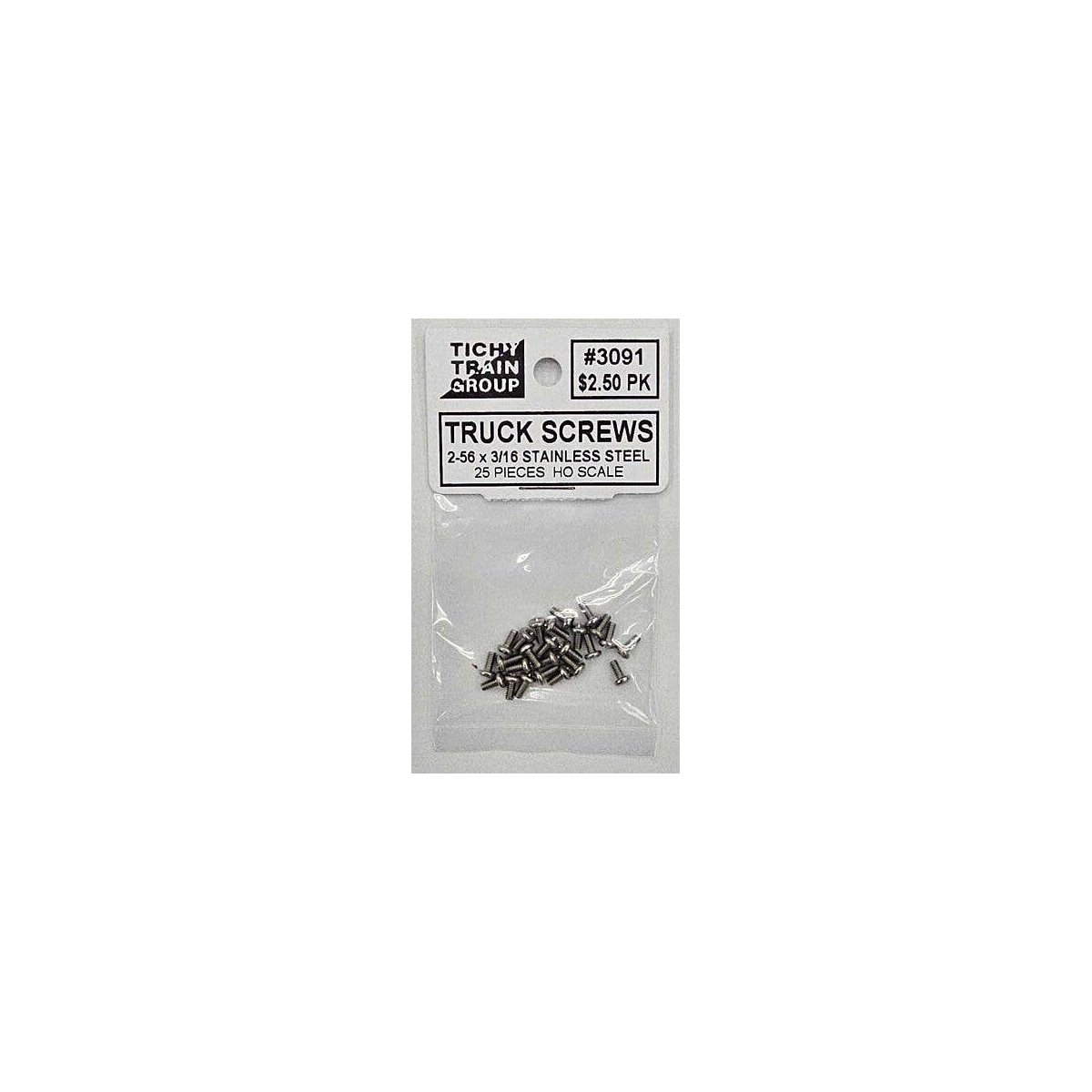 Stainless Steel Truck Screws for HO Freight Cars -- Self-Tapping 2-56 x 3/16′ pkg(25), HO, Tichy Train Group 3091