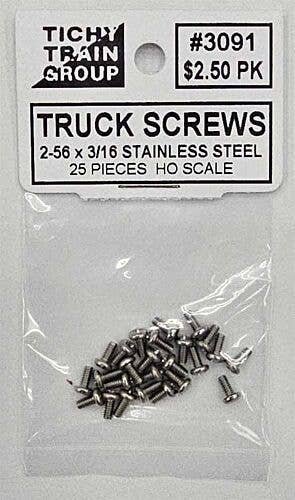 Stainless Steel Truck Screws for HO Freight Cars -- Self-Tapping 2-56 x 3/16′ pkg(25), HO, Tichy Train Group 3091