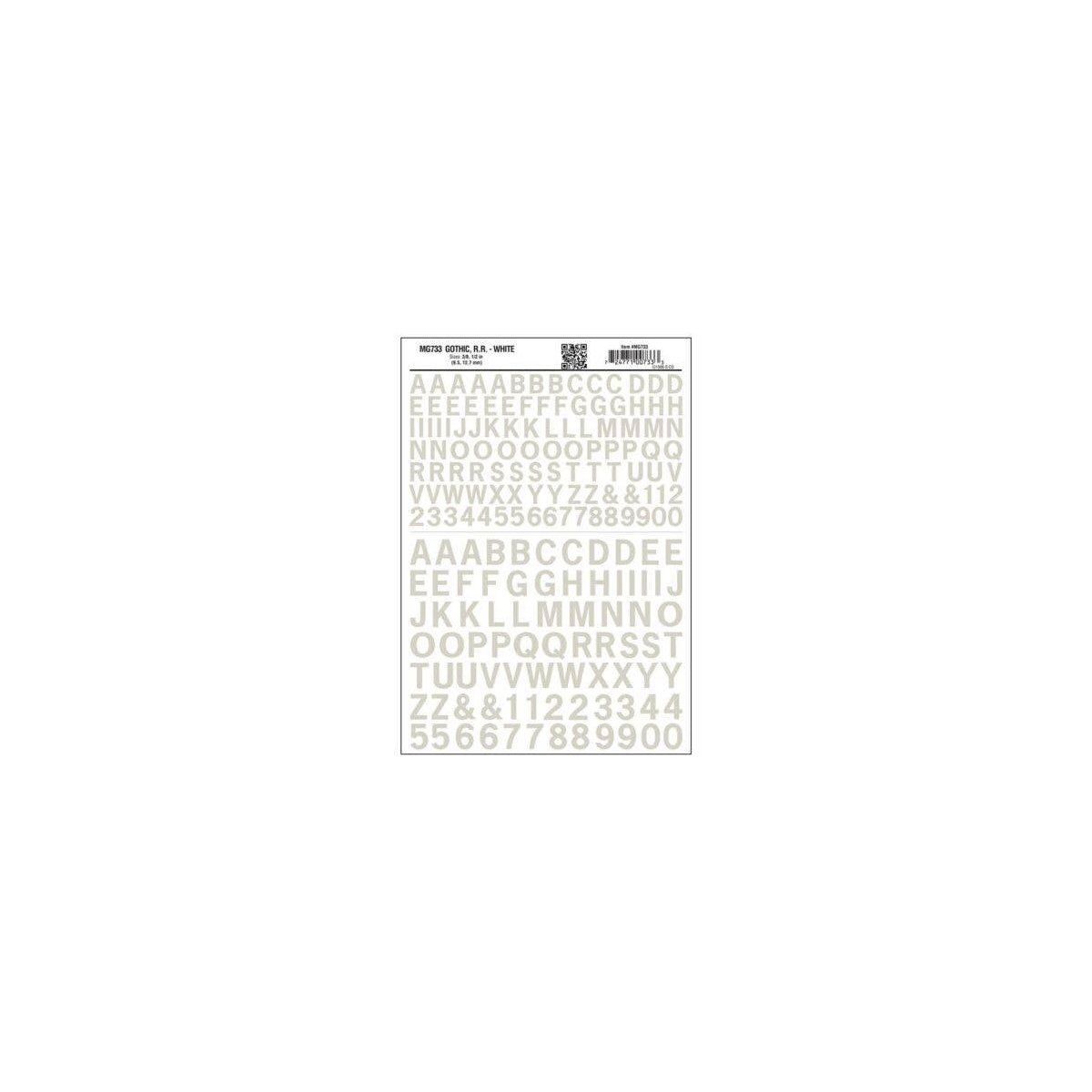 Dry Transfer Alphabet & Numbers - Railroad Gothic - 3/8 & 1/2′ 1 & 1.3cm -- White, All Scales, Woodland Scenics 733