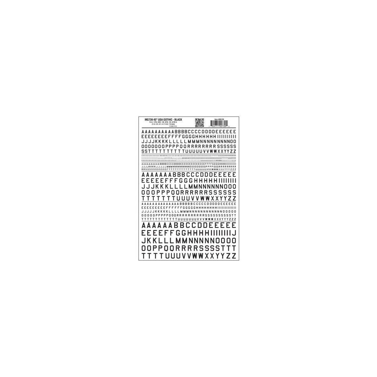 Dry Transfer Alphabet & Numbers - 45-Degree USA Gothic (Military Style) -- Black, All Scales, Woodland Scenics 739