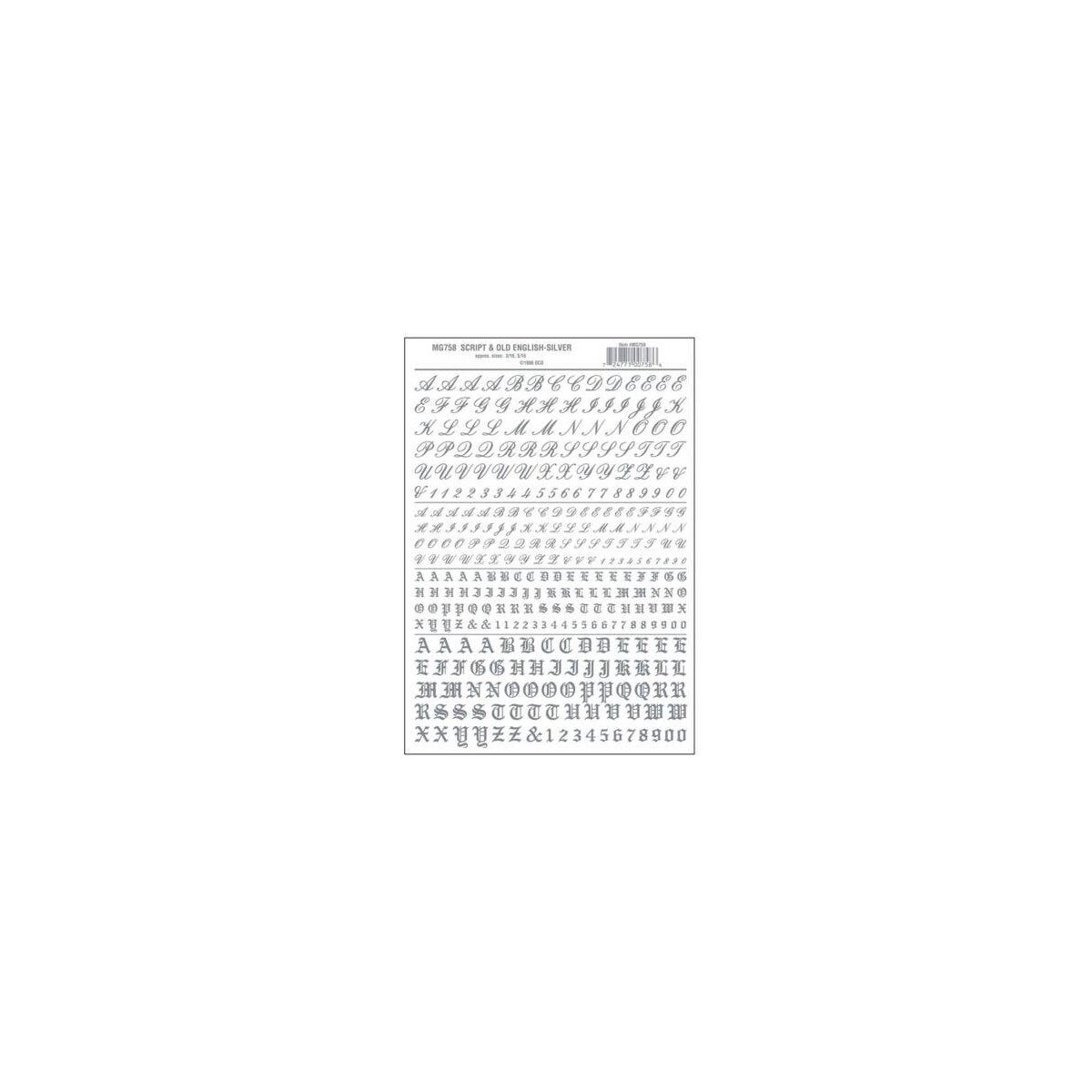 Dry Transfer Alphabet & Numbers - Script/Old English -- Silver, All Scales, Woodland Scenics 758