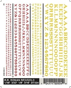 Dry Transfer Alphabet & Number Sets -- Railroad Roman Type Face (red & gold), All Scales, Woodland Scenics 504