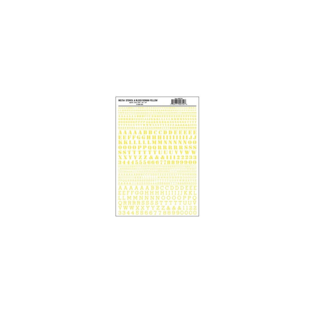Dry Transfer Alphabet & Numbers - Stencil/Block Roman -- Yellow, All Scales, Woodland Scenics 754