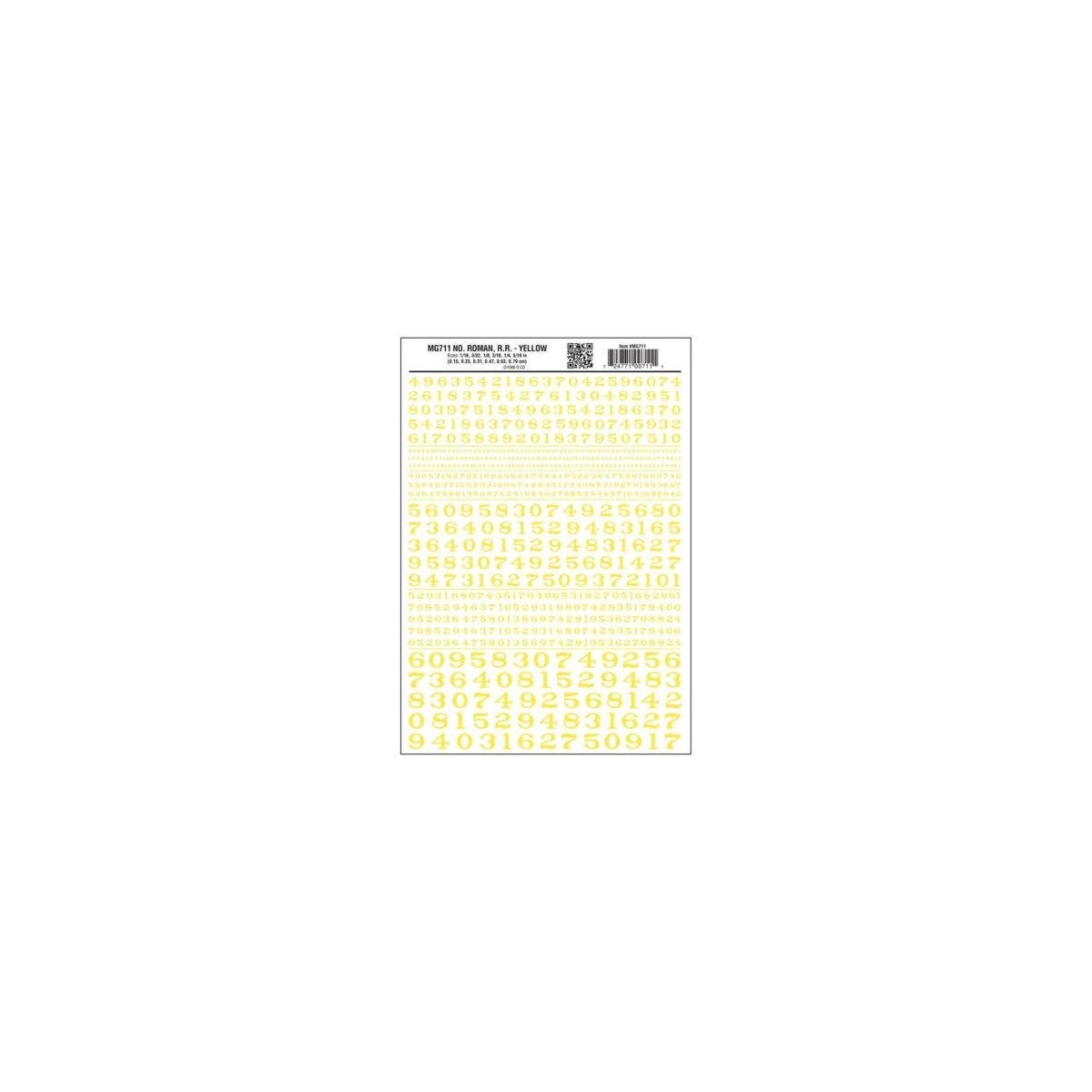 Dry Transfer Numbers - Railroad Roman - 1/16, 3/32, 1/8, 3/16, 1/4 & 5/16′ -- Yellow, All Scales, Woodland Scenics 711