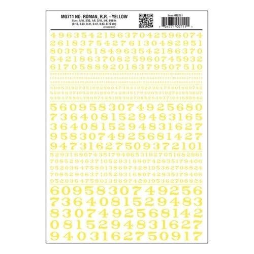 Dry Transfer Numbers - Railroad Roman - 1/16, 3/32, 1/8, 3/16, 1/4 & 5/16′ -- Yellow, All Scales, Woodland Scenics 711