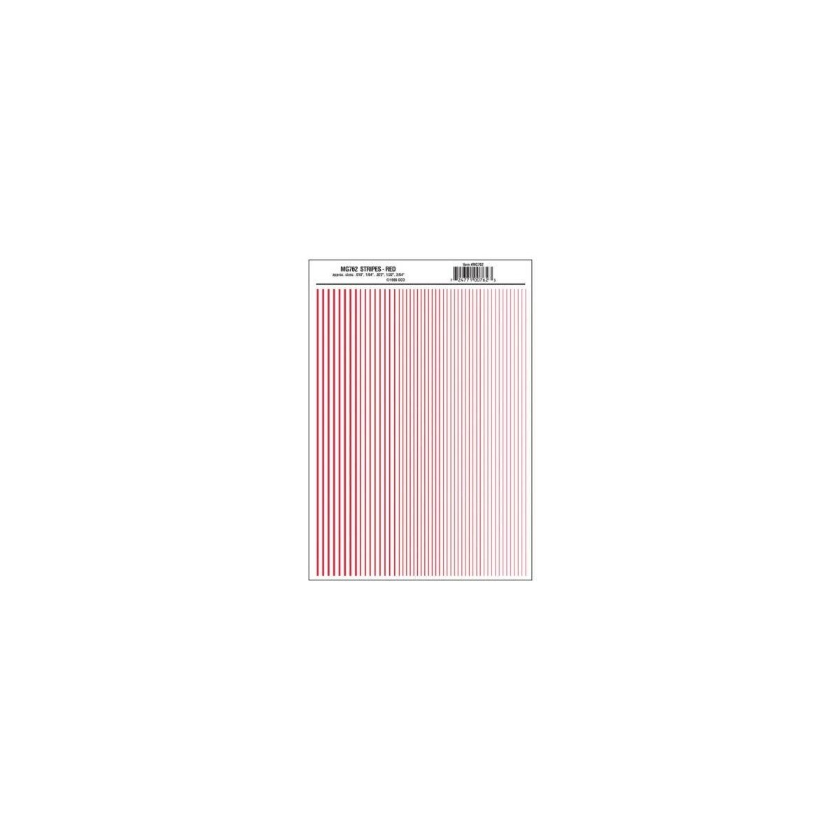Dry Transfer Stripes - .010, 1/64, .022, 1/32 & 3/64′ Wide -- Red, All Scales, Woodland Scenics 762
