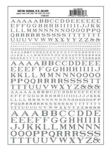 Dry Transfer Alphabet - Railroad Roman - 1/16, 3/32, 1/8, 3/16, 1/4 & 5/16′ -- Silver, All Scales, Woodland Scenics 706