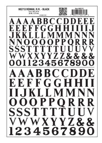 Dry Transfer Alphabet & Numbers - Railroad Roman (3/8 & 1/2′) -- Black, All Scales, Woodland Scenics 713