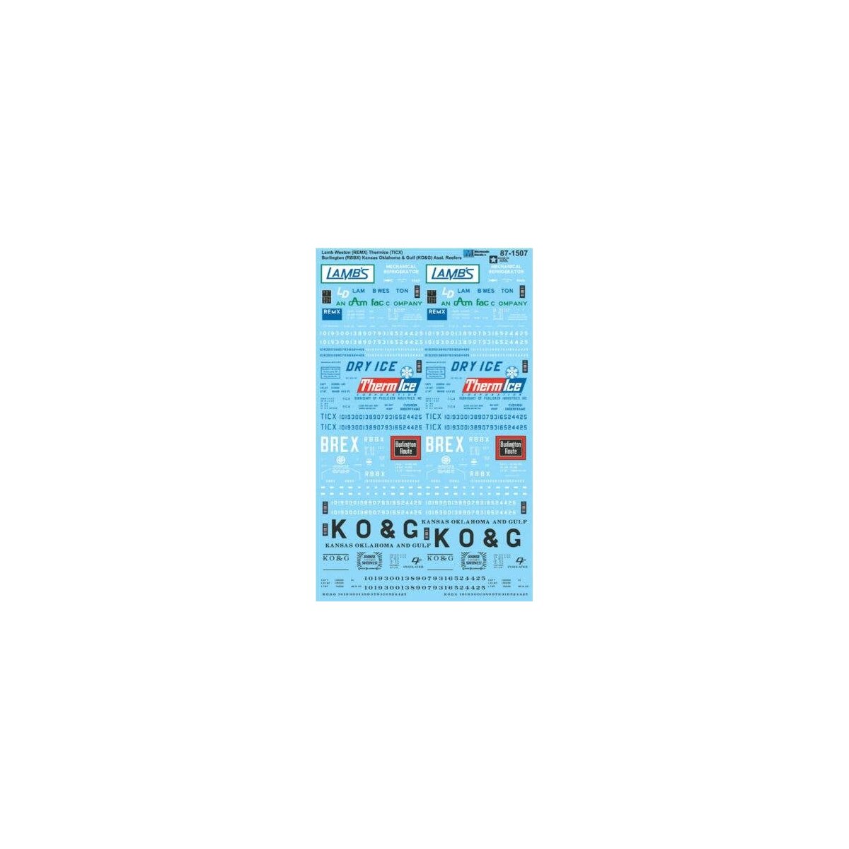 Railroad Decal Set -- Reefers: Lamb Weston REMX, Thermice TICX, CB&Q RBBX, Kansas Okla, N, Microscale Industries Inc 601507
