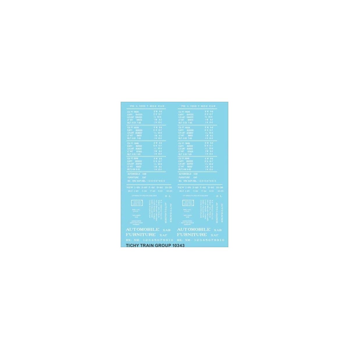 Railroad Decal Set -- Generic 50′ 70- & 100-Ton Steel Boxcar Data (White Lettering), HO, Tichy Train Group 10343
