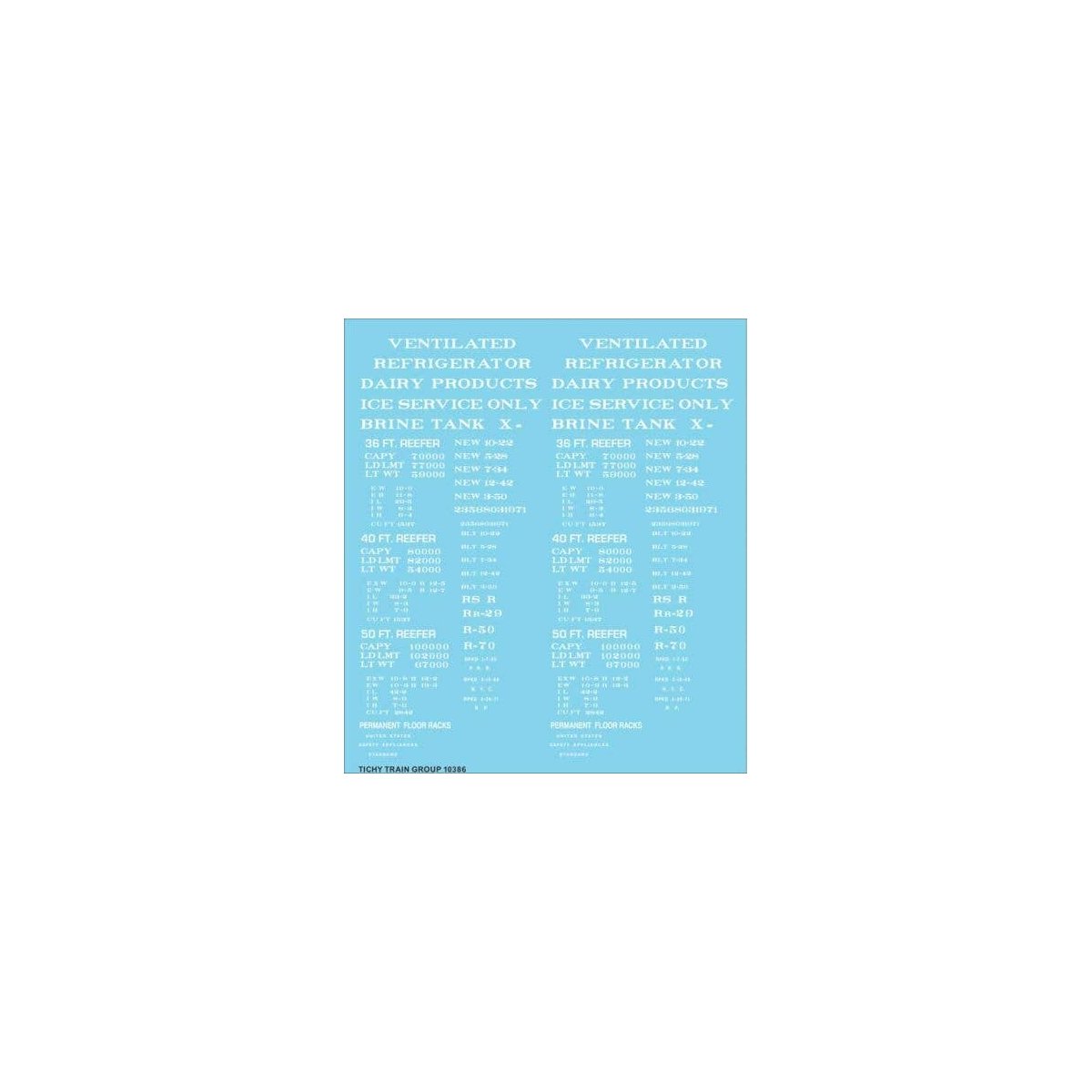 Railroad Decal Set -- Generic 36`, 40` and 50` Refrigerator Car - Reefer Data (white lettering, HO, Tichy Train Group 10386
