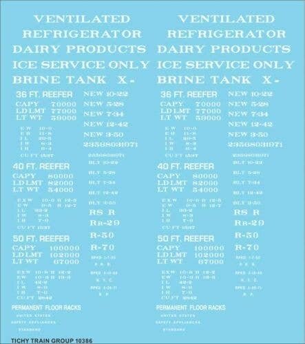Railroad Decal Set -- Generic 36`, 40` and 50` Refrigerator Car - Reefer Data (white lettering, HO, Tichy Train Group 10386